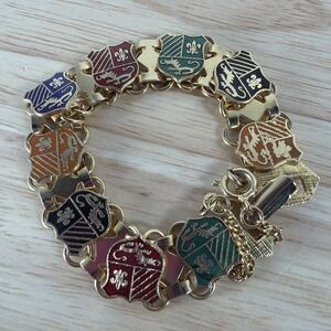 Women's Vintage Bracelet Gold Tone Lion Crests Shields Colorful